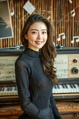Young Asian Woman Smiling in Music Room with Vintage Piano and Sheet Music Background