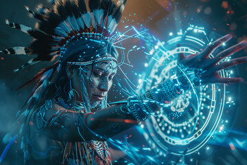 A captivating scene of a Native American cyber warrior in mid-dance their regalia emitting light and projecting ancient symbols onto the surroundings.