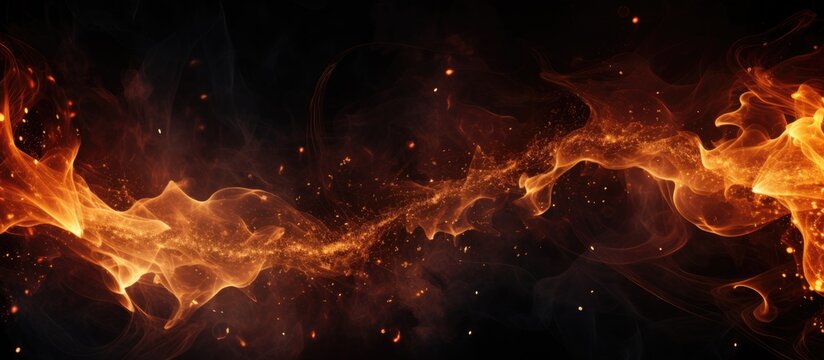 A detailed view of fiery sparks emerging from a burning fire against a dark black background. The sparks create a mesmerizing visual as they dance and flicker in the darkness.