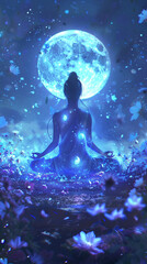 Fototapeta na wymiar A serene image of the celestial avatar seated in meditation surrounded by a field of flowers that have absorbed their luminous blue essence