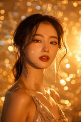 Elegant Young Woman with Sparkling Golden Bokeh Lights Background in Evening Attire