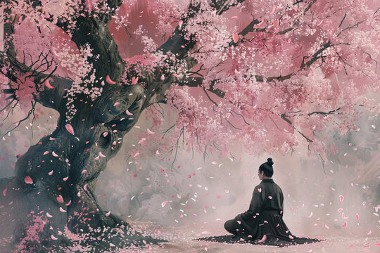 A serene portrayal of a ronin meditating under a cherry blossom tree in full bloom
