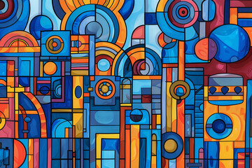 Vivid colors and circular motifs in an abstract painting.