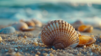 Fototapeta na wymiar Seashells, Close-up shots of intricately shaped seashells on sandy beaches offer a glimpse into the natural beauty of coastal ecosystems