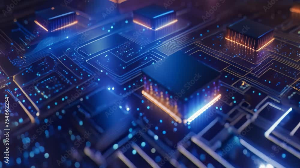 Poster circuit board with microchips and electronic components. 3d rendering, 3d rendering of abstract tech