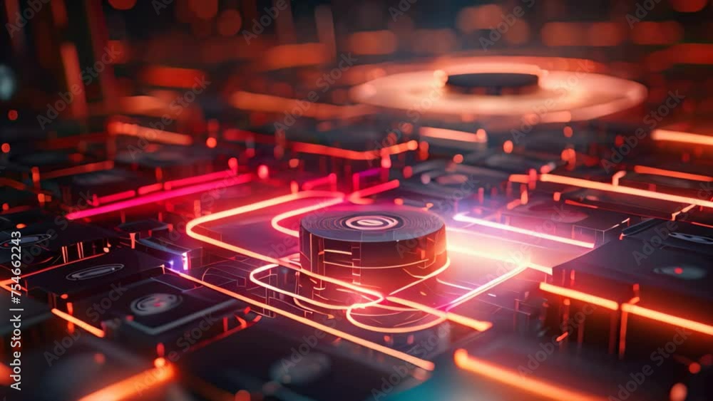 Poster 3d rendering of cpu with circuit board and neon lights on it, 3d rendering of abstract technology ba