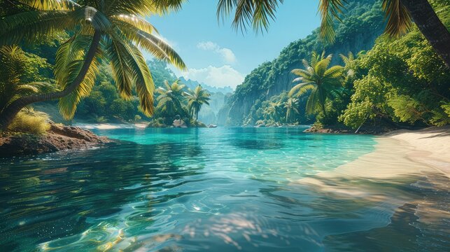 Tropical Paradise, Images featuring lush palm trees, crystal-clear waters, and vibrant flora epitomize the concept of a tropical paradise