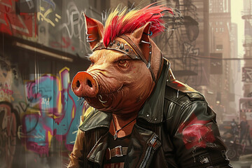 An illustration of a rebellious pig character sporting a mohawk and leather jacket