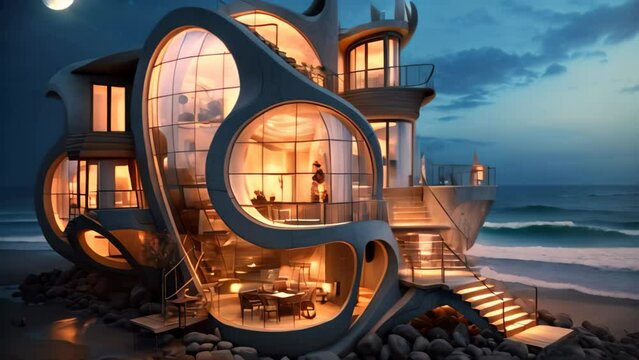 3D rendering of a fantasy house on the beach at night. A creatively designed house by the seaside, AI Generated