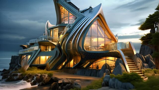 3D render of a futuristic house on the seashore. A creatively designed house by the seaside, AI Generated