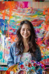Fototapeta premium Cheerful Young Female Artist Holding Colorful Palette in Art Studio with Abstract Paintings in Background
