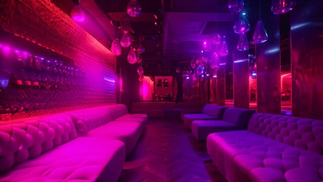 Interior of night club bar with sofas and lights. A decorated night club with stylish couches and colorful cocktail tables, AI Generated