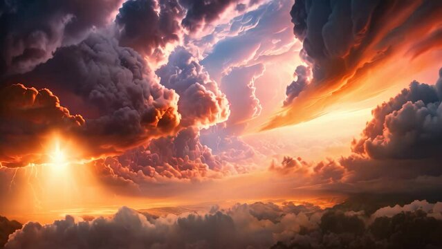 3D illustration of a stormy sky with lightning and storm clouds, A fire hurricane ravages the cloudscape in the sky. A visual representation of climate change induced apocalypse, AI Generated