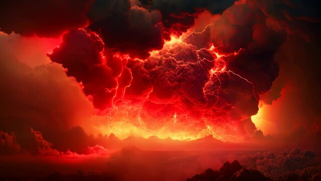 3D illustration of a thunderstorm with lightning in the sky. A fire hurricane ravages the cloudscape in the sky. A visual representation of climate change induced apocalypse, AI Generated