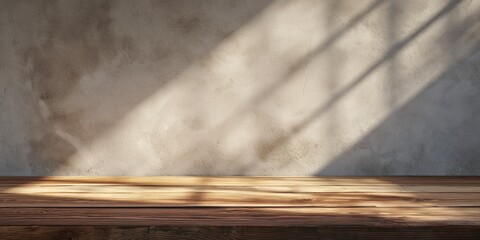 Empty rustic wooden table top near a textured stucco wall with dramatic sunlight and shadows, ideal for product display or staging.