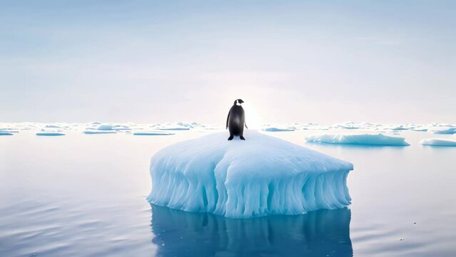 Penguin on a iceberg in the ocean. 3d rendering, A lone penguin on a melting ice floe representing climate change and global warming, AI Generated