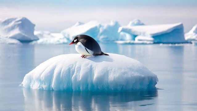 Penguin sitting on a iceberg in the arctic, Antarctic waters, A lone penguin on a melting ice floe representing climate change and global warming, AI Generated