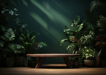  wooden podium on green background with leaves and shadows Empty pedestal to display product packaging