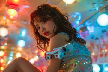Naklejka premium Young Woman Posing with Roller Skates in Neon-Lit Retro Diner, Vintage Style Portrait, Fashion and Leisure Concept