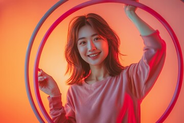 Cheerful Young Woman with Hula Hoop Poses in Vibrant Neon Lighting for Lifestyle and Fitness Concept Photography - Powered by Adobe