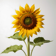 A sunflower with a dark brown center and bright yellow petals in white background