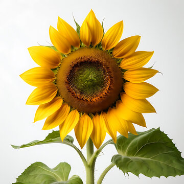 A sunflower with a dark brown center and bright yellow petals in white background