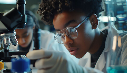 Scientist with microscope close up in the laboratory 