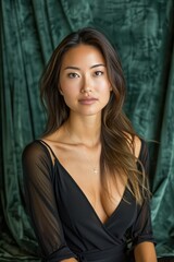 Fototapeta premium Elegant Young Woman in Black Dress Posing Against Luxurious Green Velvet Background, Serene Beauty Portrait