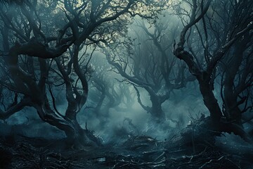 A dark forest filled with numerous trees, creating a dense and mysterious atmosphere. Eerie mist swirls around, enhancing the scene. Generative AI