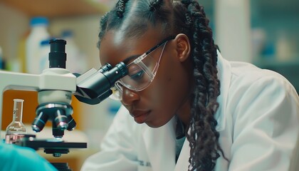 Scientist with microscope close up in the laboratory 