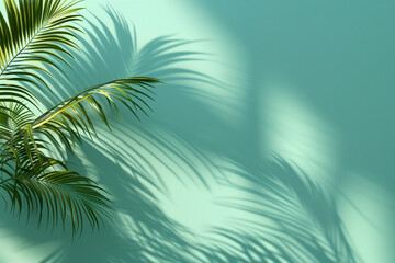 Palm leaves in sun background,Mint green colors  - obrazy, fototapety, plakaty