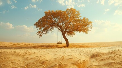 A tree under a blue sky over a crop field - obrazy, fototapety, plakaty