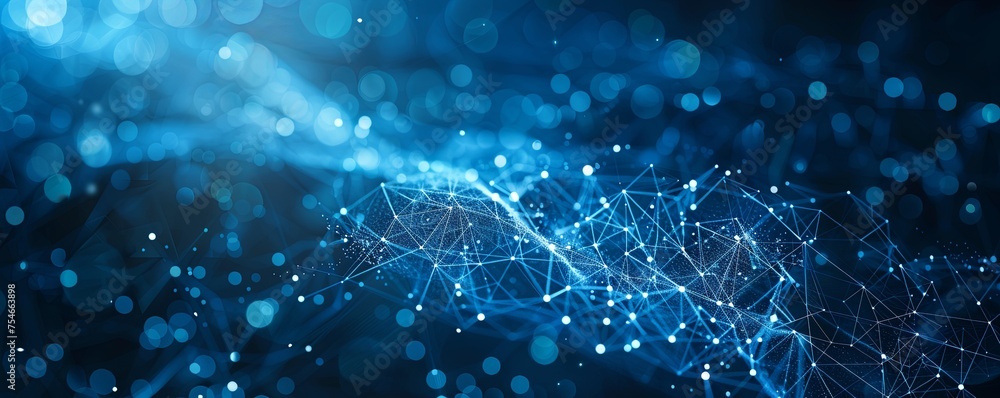 Poster blue abstract background with a network grid and particles connected.