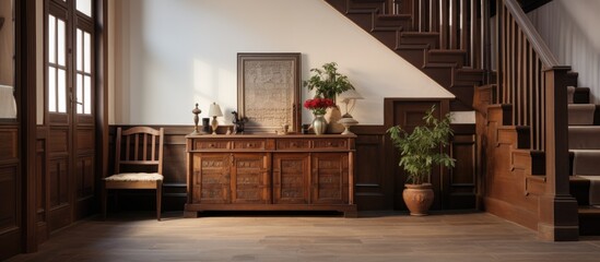 The room features a staircase leading up, a wooden table in the center, and a potted plant adding a touch of greenery. The wooden furniture complements the spaciousness of the hall.