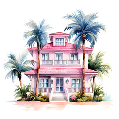 A Watercolor drawing of a pink house, Isolated on transparent PNG background, Generative ai