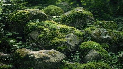 Naklejka na ściany i meble Mossy Rocks in Serene Settings, Photograph moss-covered rocks in serene natural settings, emphasizing their earthy tones and textures