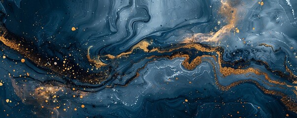 Abstract blue marble texture with gold splashes, blue luxury background