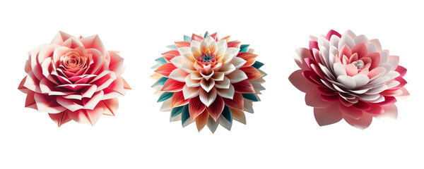 3 paper flowers  isolate on transparent background