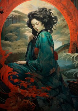A Japanese a woman sitting  ,fantasy art, detailed , nice vivd colours, Forest background.