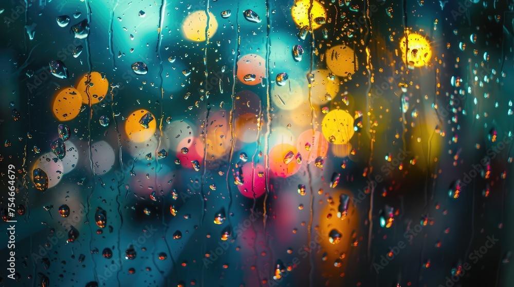 Poster raindrops on a window, capture the mesmerizing beauty of raindrops on a windowpane, creating abstrac