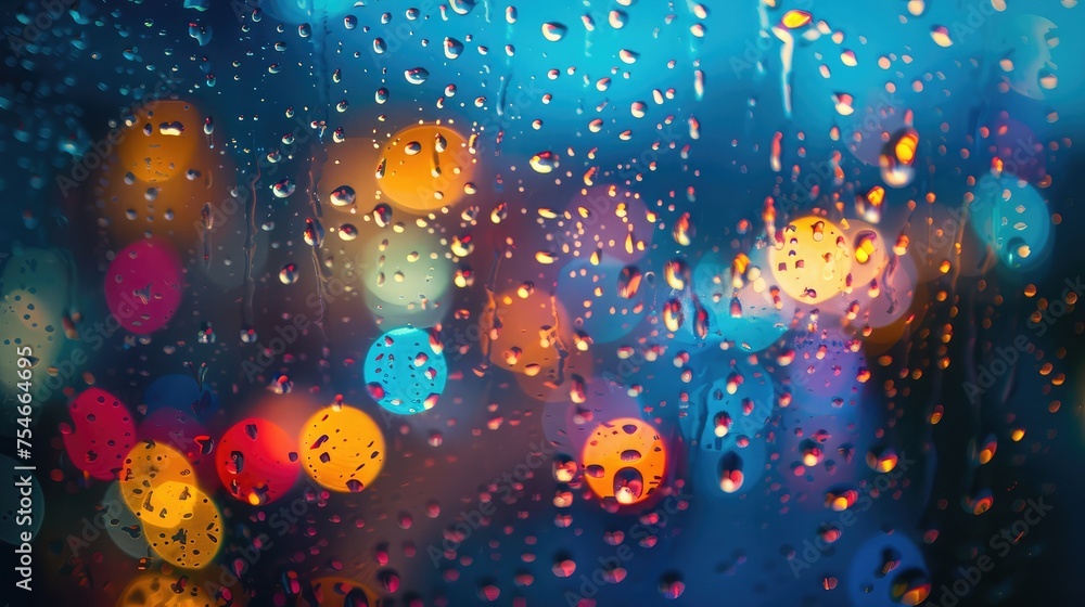 Poster raindrops on a window, capture the mesmerizing beauty of raindrops on a windowpane, creating abstrac