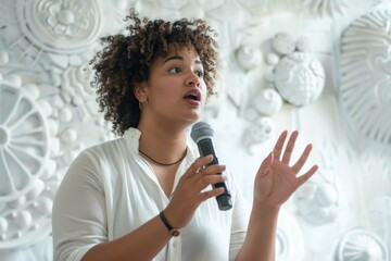 Curly-haired woman speaking into a microphone against an artistic backdrop. plus-size young woman in a spoken word poetry session - obrazy, fototapety, plakaty