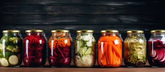 A line of glass jars containing a variety of fermented and marinated vegetables such as sauerkraut, pepper, garlic, beetroot, Korean carrot, and cucumber kimchi, arranged neatly on a wooden surface - Powered by Adobe