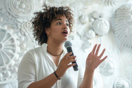 Curly-haired woman speaking into a microphone against an artistic backdrop. plus-size young woman in a spoken word poetry session