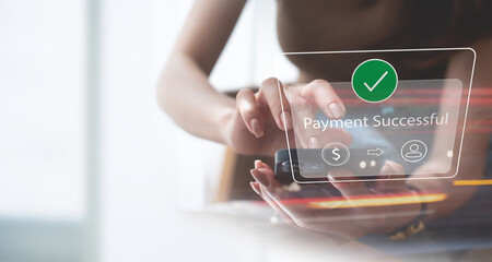 Digital banking, online payment concept. Woman using mobile smart phone for e-transaction via mobile banking app and online shopping, internet payment technology, e-commerce