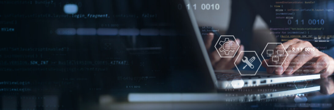 Technical support customer service concept. internet network technology. Software engineer working with laptop computer with customer support icons, internet technology