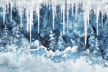 Fototapeta na wymiar Background Texture Pattern Winter - Cel-Shaded Icicle Kingdom winter wonderland, icicles, snowy trees, and frozen ponds crystal blues, whites, and silver created with Generative AI Technology