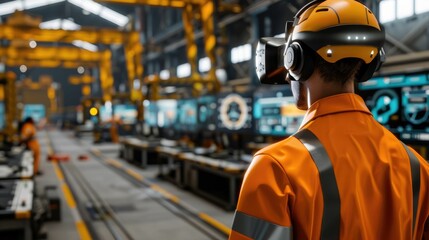 A skilled engineer utilizes advanced smart glasses for increased efficiency and precision in a modern, high-tech manufacturing facility.

