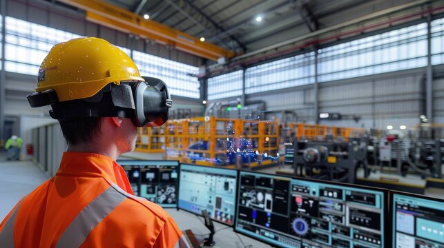 A skilled engineer utilizes advanced smart glasses for increased efficiency and precision in a modern, high-tech manufacturing facility.
