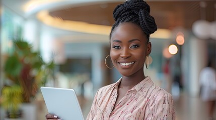 young happy business woman working with tablet in corporate office  